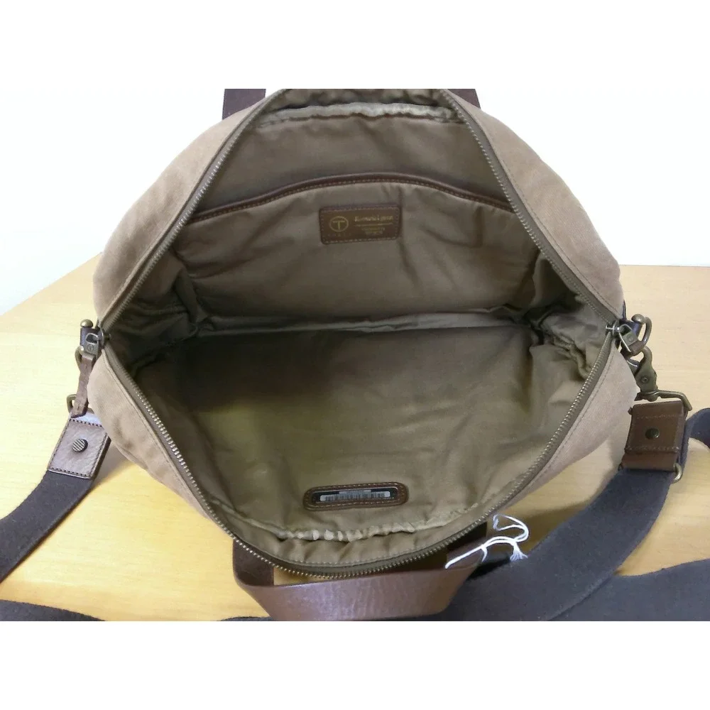 Tumi T-Tech Waxed Canvas Messenger Bag Briefcase Khaki Brown Leather Trim